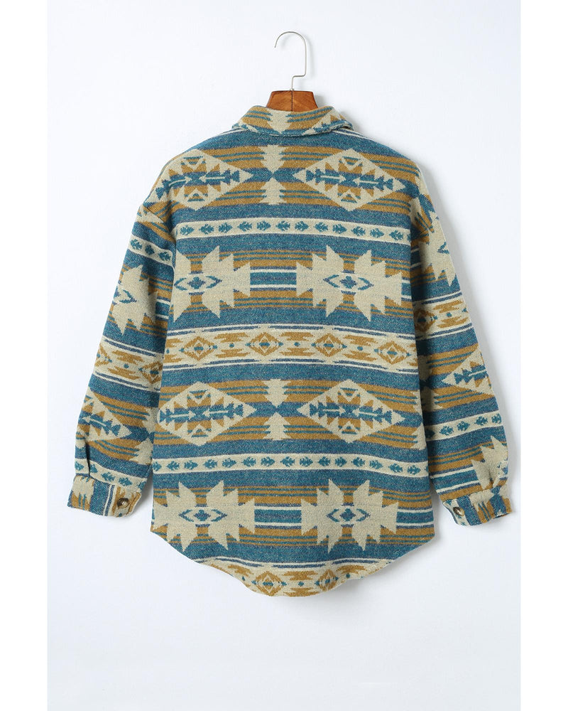 Azura Exchange Blue Western Aztec Print Button Flap Pocket Shacket - L