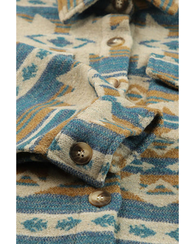 Azura Exchange Blue Western Aztec Print Button Flap Pocket Shacket - L