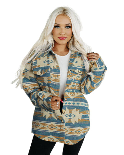 Azura Exchange Blue Western Aztec Print Button Flap Pocket Shacket - XL
