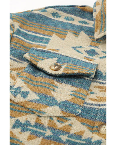 Azura Exchange Blue Western Aztec Print Button Flap Pocket Shacket - XL
