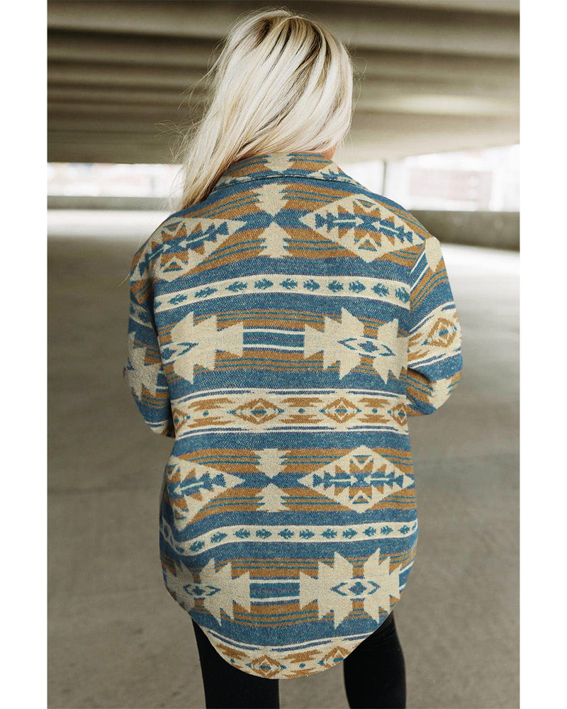 Azura Exchange Blue Western Aztec Print Button Flap Pocket Shacket - XL