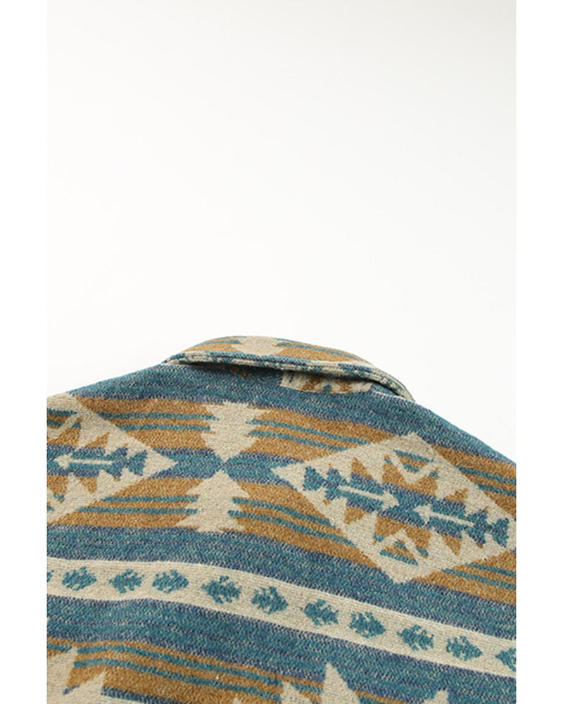 Azura Exchange Blue Western Aztec Print Button Flap Pocket Shacket - XL