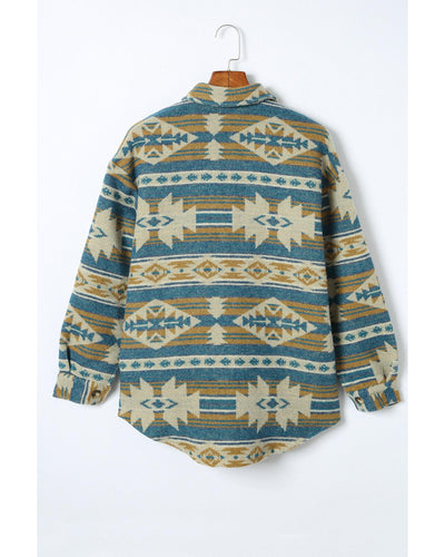 Azura Exchange Blue Western Aztec Print Button Flap Pocket Shacket - XL