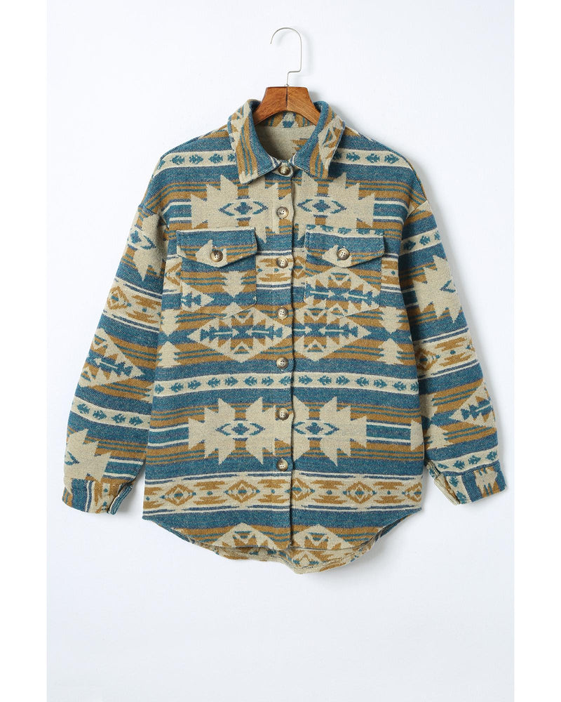 Azura Exchange Blue Western Aztec Print Button Flap Pocket Shacket - XL