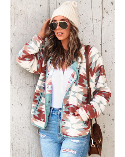 Azura Exchange Red Western Aztec Buttoned Zipper Pockets Fleece Jacket - M