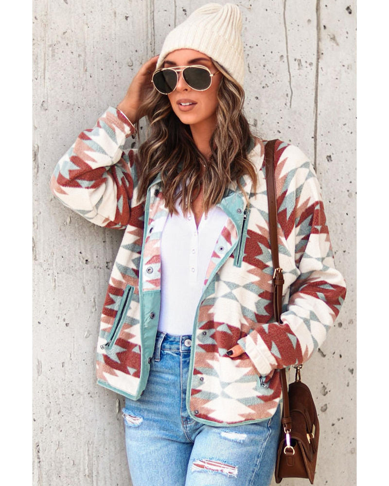 Azura Exchange Red Western Aztec Buttoned Zipper Pockets Fleece Jacket - M