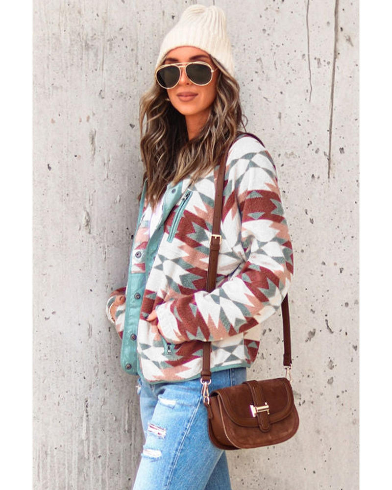 Azura Exchange Red Western Aztec Buttoned Zipper Pockets Fleece Jacket - M