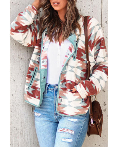 Azura Exchange Red Western Aztec Buttoned Zipper Pockets Fleece Jacket - M