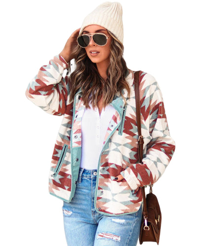 Azura Exchange Red Western Aztec Buttoned Zipper Pockets Fleece Jacket - M