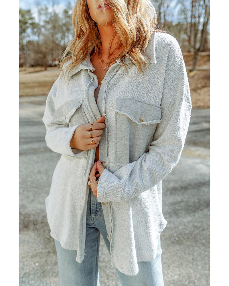 Azura Exchange Gray Contrast Flap Pockets Relaxed Shacket - L