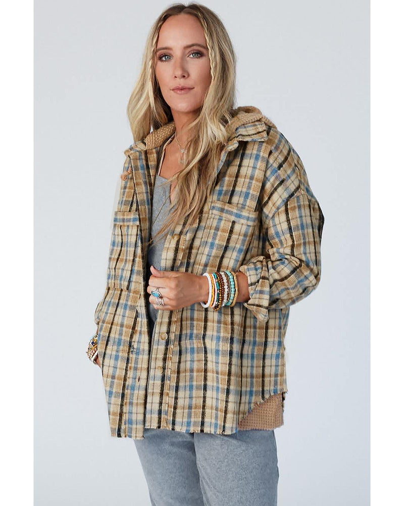 Ashleigh Blue Waffle Knit Patchwork Hooded Plaid Shacket - L