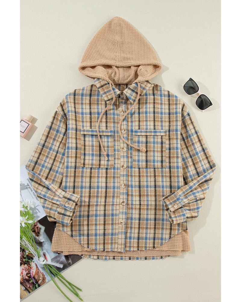 Ashleigh Blue Waffle Knit Patchwork Hooded Plaid Shacket - L