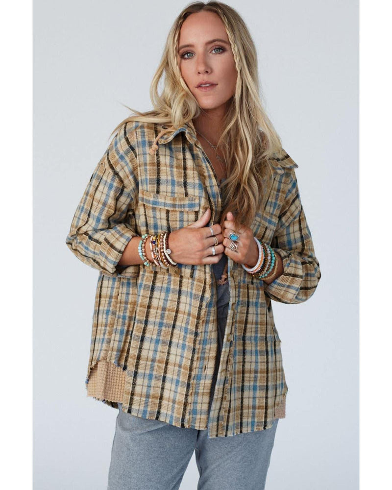 Ashleigh Blue Waffle Knit Patchwork Hooded Plaid Shacket - S