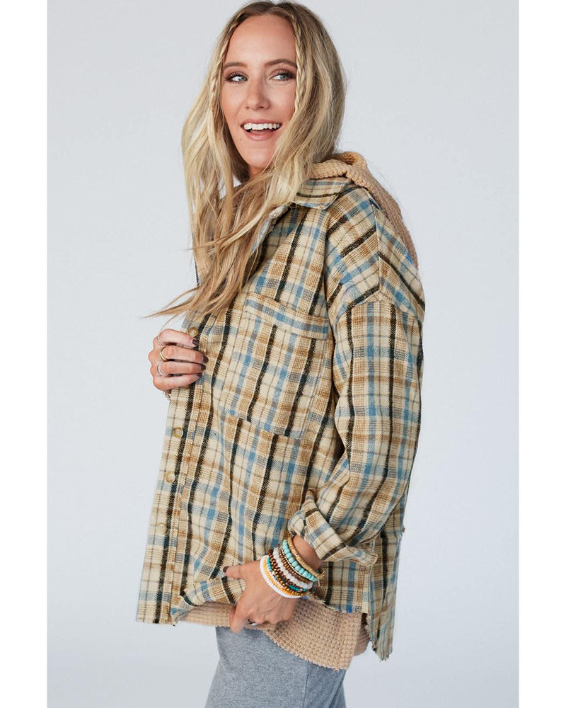 Ashleigh Blue Waffle Knit Patchwork Hooded Plaid Shacket - S