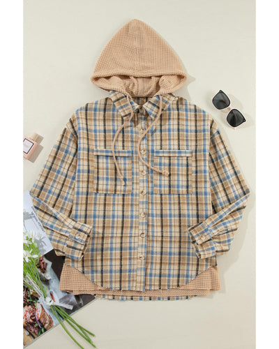 Ashleigh Blue Waffle Knit Patchwork Hooded Plaid Shacket - S