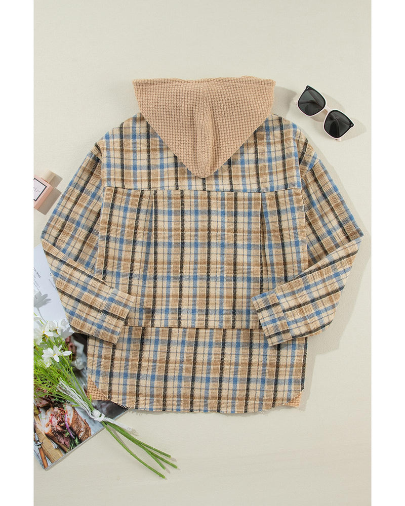 Ashleigh Blue Waffle Knit Patchwork Hooded Plaid Shacket - XL