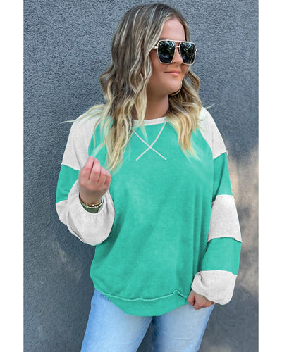 Aruba Blue Colorblock Patchwork Cross Seam Plus Sweatshirt - 3X