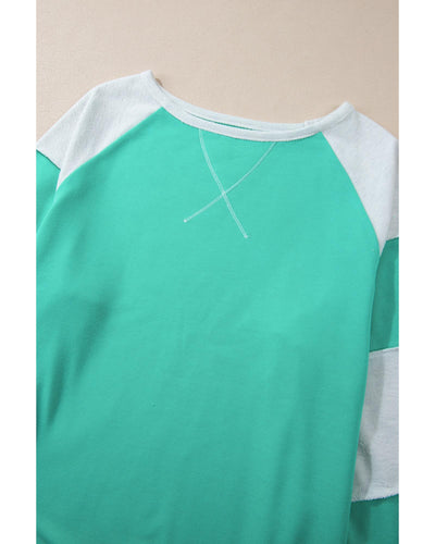 Aruba Blue Colorblock Patchwork Cross Seam Plus Sweatshirt - 3X