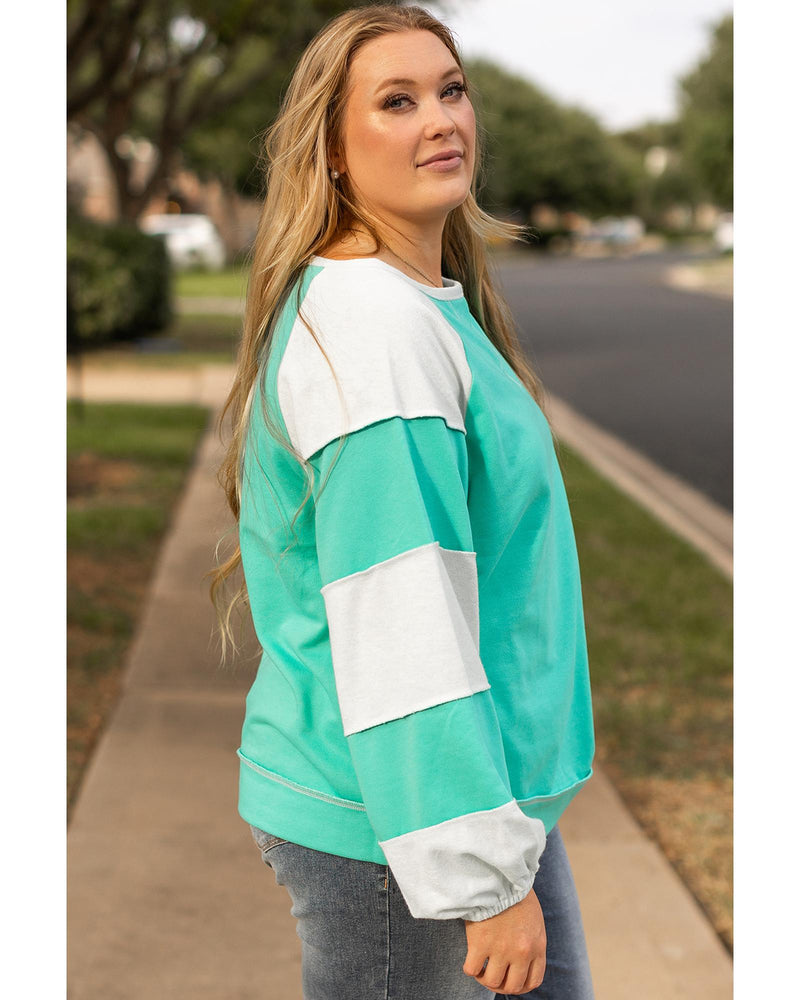 Aruba Blue Colorblock Patchwork Cross Seam Plus Sweatshirt - 3X