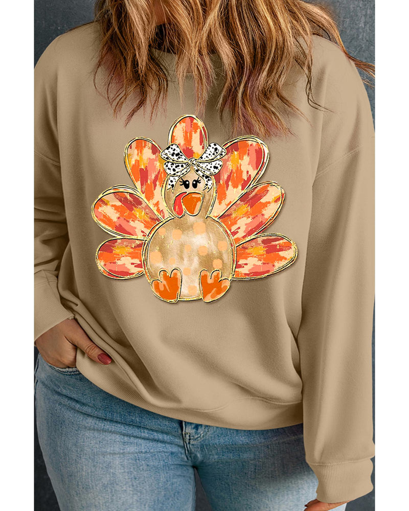 Apricot Bow Turkey Printed Plus Size Pullover Sweatshirt - 1X