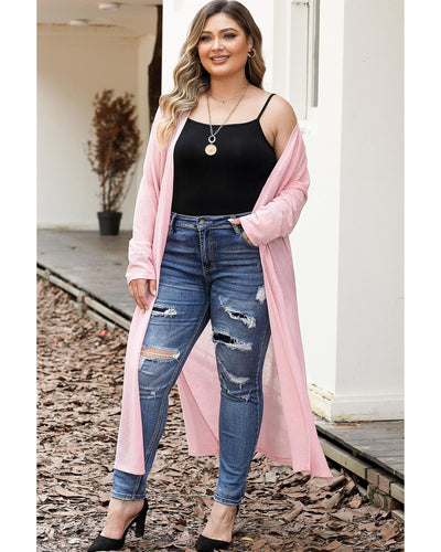 Azura Exchange Pink Sheer Knitted Long Side Slit Plus Size Cardigan - 2X