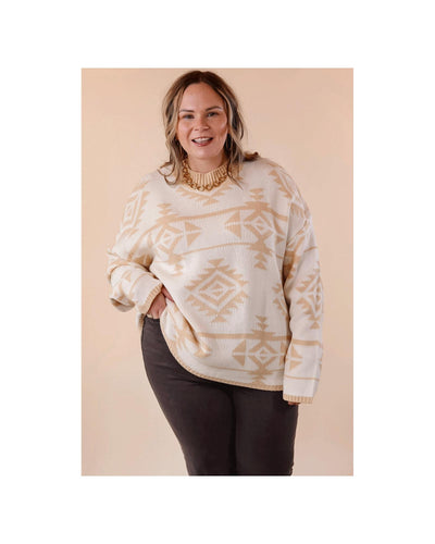 Apricot Plus Size Western Aztec Print Loose Sweater - 2X