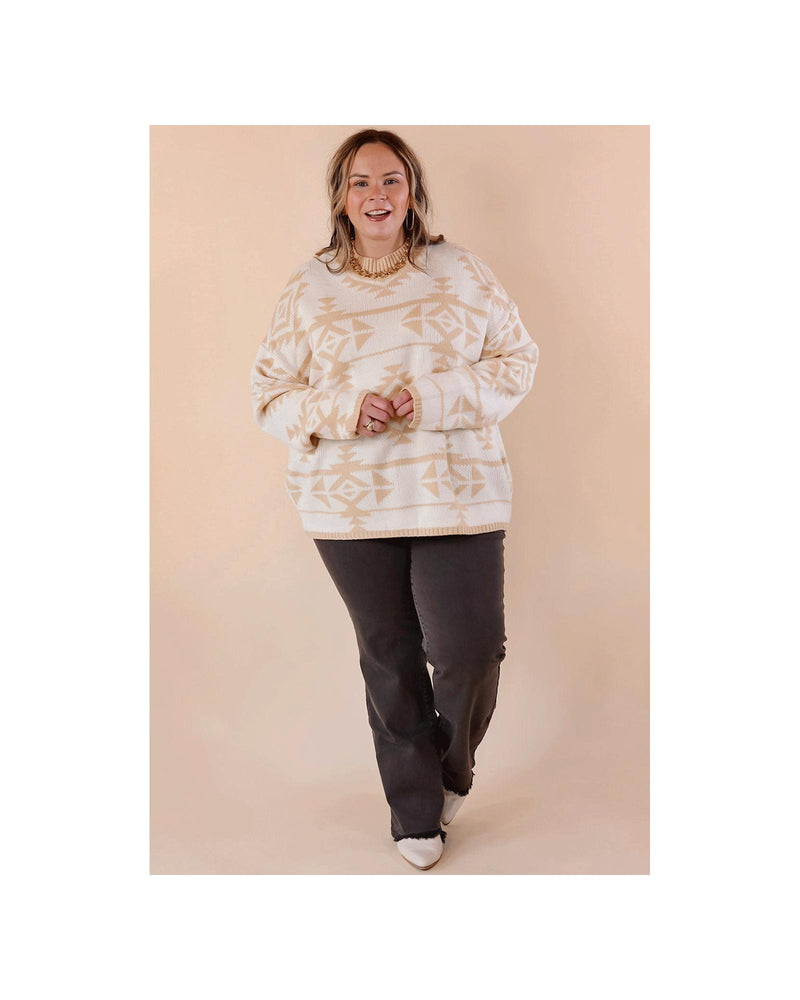 Apricot Plus Size Western Aztec Print Loose Sweater - 2X