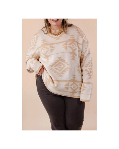 Apricot Plus Size Western Aztec Print Loose Sweater - 2X