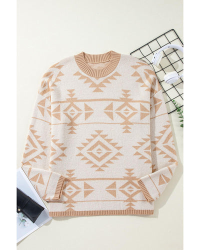 Apricot Plus Size Western Aztec Print Loose Sweater - 3X