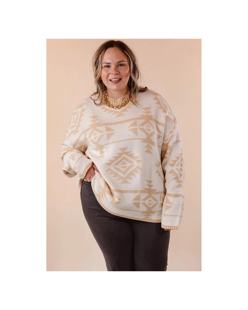 Apricot Plus Size Western Aztec Print Loose Sweater - 3X