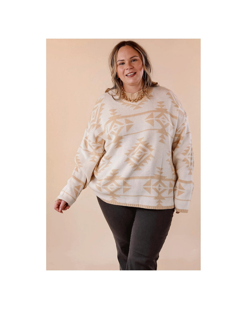 Apricot Plus Size Western Aztec Print Loose Sweater - 3X