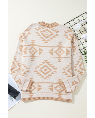 Apricot Plus Size Western Aztec Print Loose Sweater - 3X