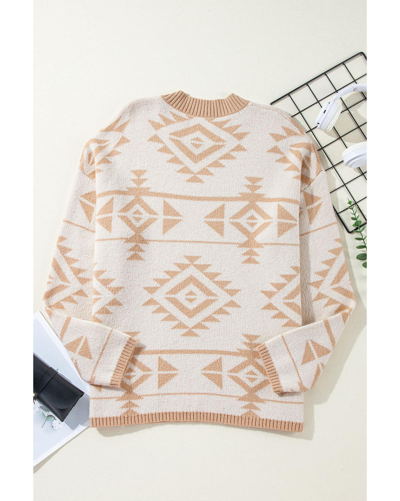 Apricot Plus Size Western Aztec Print Loose Sweater - 3X