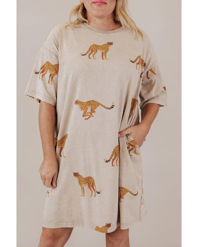 Apricot Plus Size Cheetah Print Side Pockets T Shirt Mini Dress - 1X