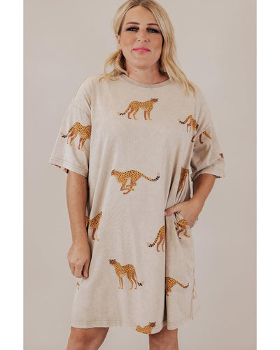 Apricot Plus Size Cheetah Print Side Pockets T Shirt Mini Dress - 1X