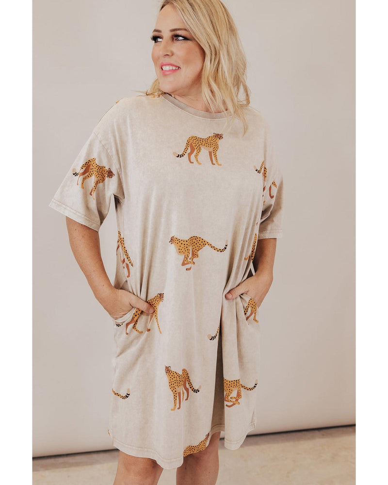 Apricot Plus Size Cheetah Print Side Pockets T Shirt Mini Dress - 1X