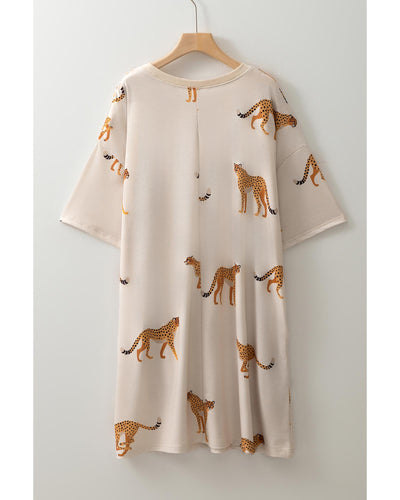Apricot Plus Size Cheetah Print Side Pockets T Shirt Mini Dress - 1X