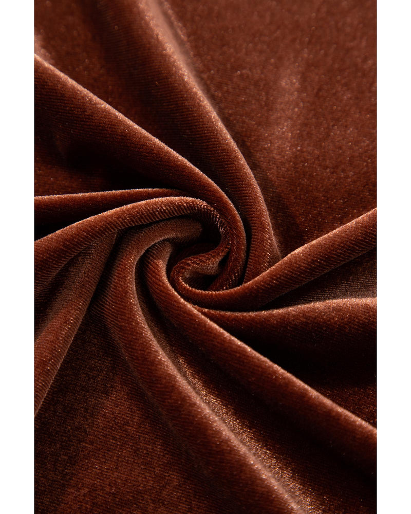 Coffee Plus Size V Neck Collared Pleated Back Rounded Hem Velvet Dress - 3X