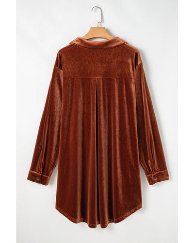 Coffee Plus Size V Neck Collared Pleated Back Rounded Hem Velvet Dress - 4X