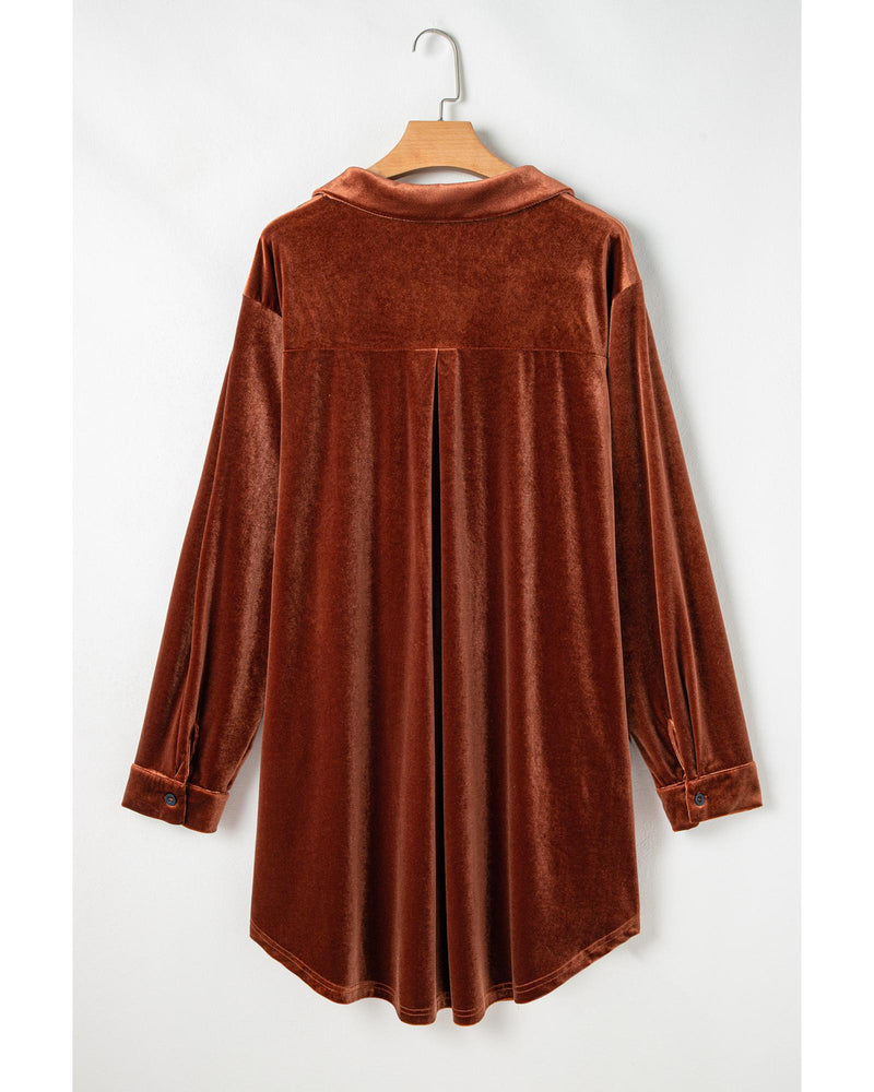 Coffee Plus Size V Neck Collared Pleated Back Rounded Hem Velvet Dress - 4X