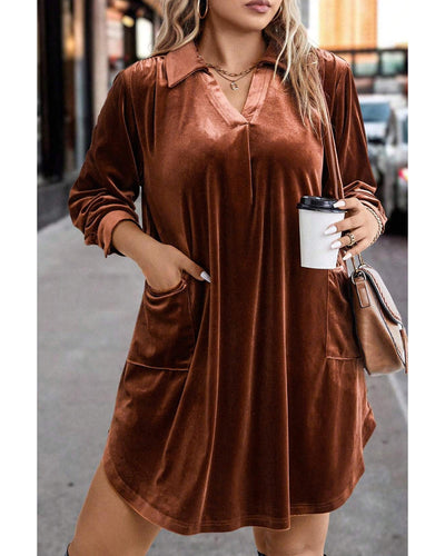 Coffee Plus Size V Neck Collared Pleated Back Rounded Hem Velvet Dress - 4X