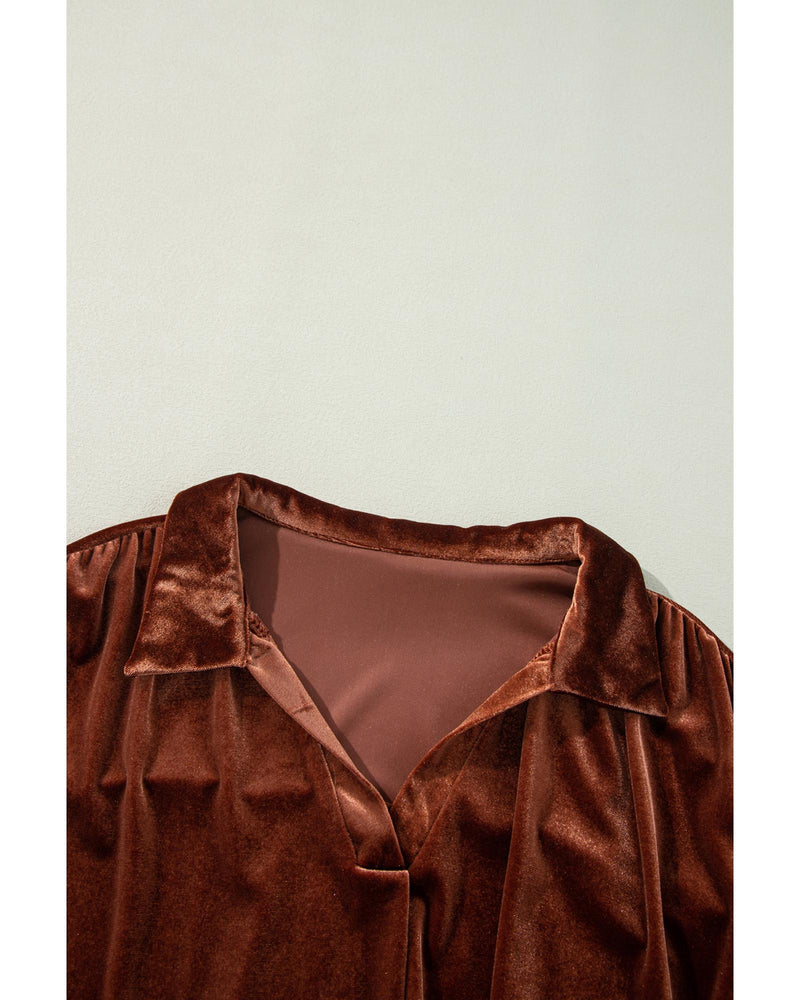 Coffee Plus Size V Neck Collared Pleated Back Rounded Hem Velvet Dress - 4X