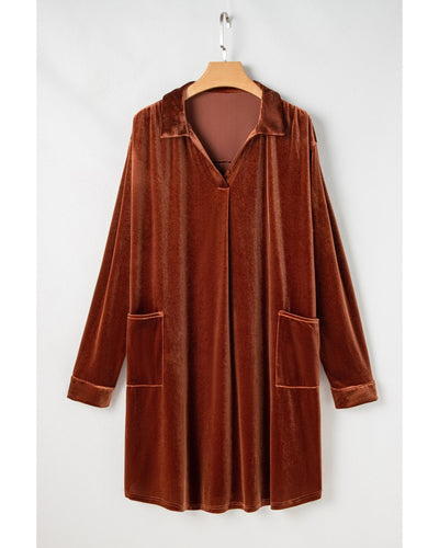 Coffee Plus Size V Neck Collared Pleated Back Rounded Hem Velvet Dress - 4X