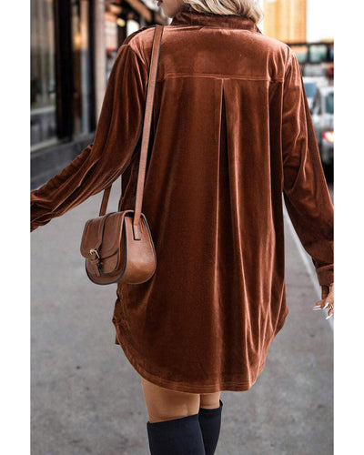 Coffee Plus Size V Neck Collared Pleated Back Rounded Hem Velvet Dress - 4X