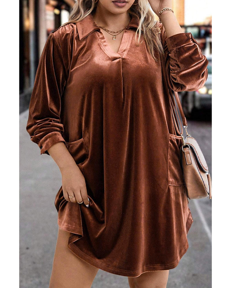 Coffee Plus Size V Neck Collared Pleated Back Rounded Hem Velvet Dress - 4X