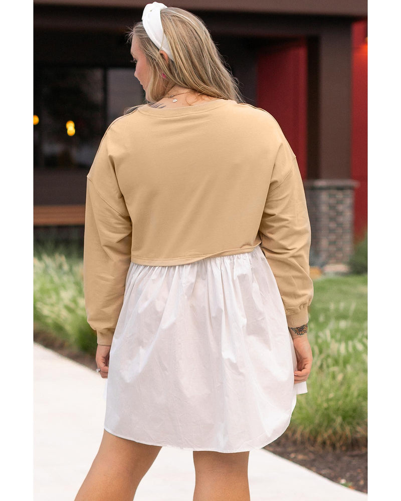 Apricot Color Block Patchwork Ruffled Plus Size Mini Dress - 1X