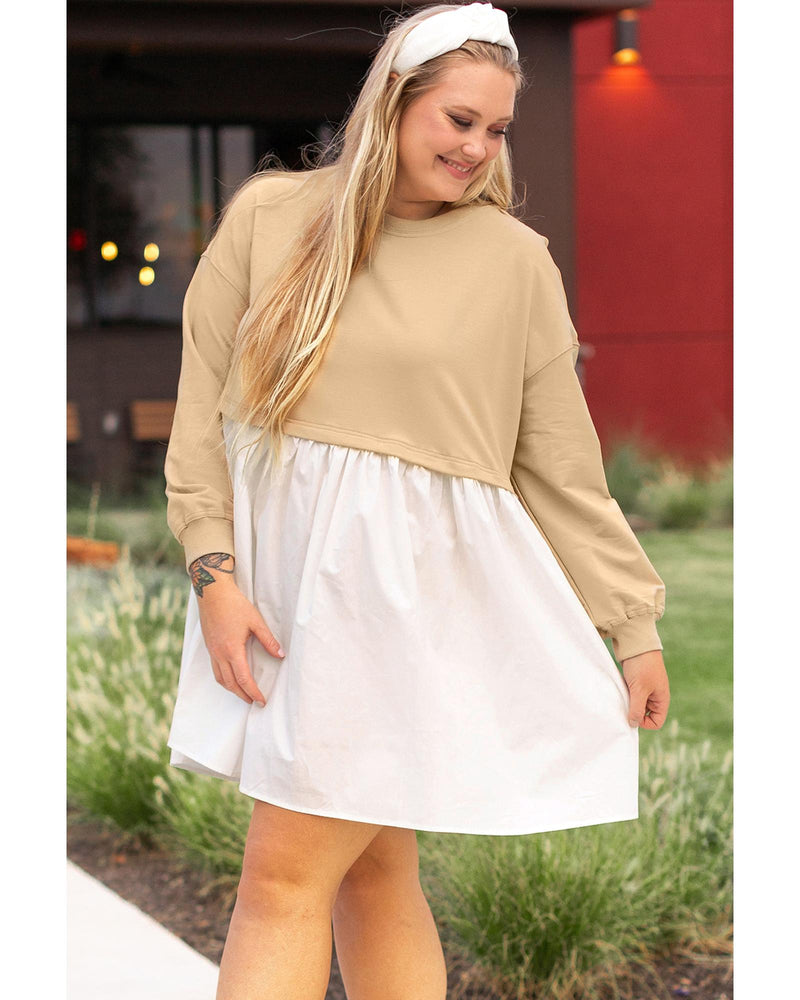 Apricot Color Block Patchwork Ruffled Plus Size Mini Dress - 2X