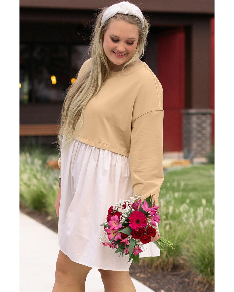 Apricot Color Block Patchwork Ruffled Plus Size Mini Dress - 2X