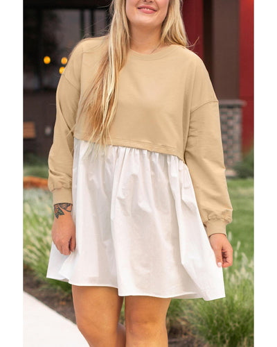 Apricot Color Block Patchwork Ruffled Plus Size Mini Dress - 3X