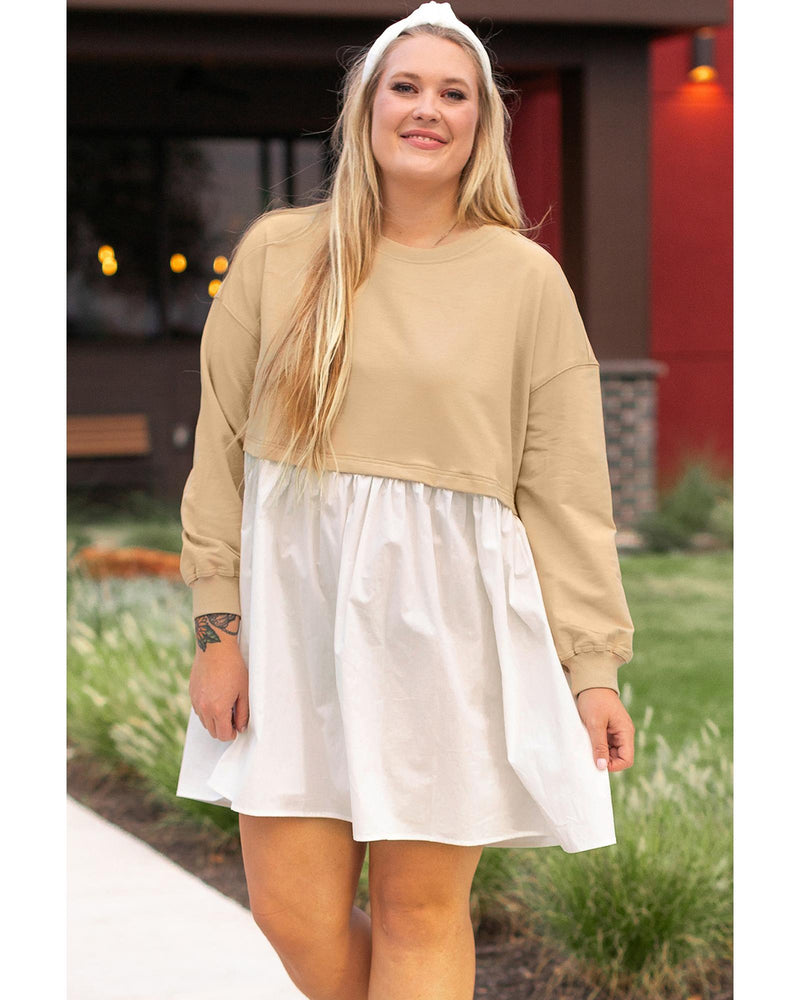 Apricot Color Block Patchwork Ruffled Plus Size Mini Dress - 3X